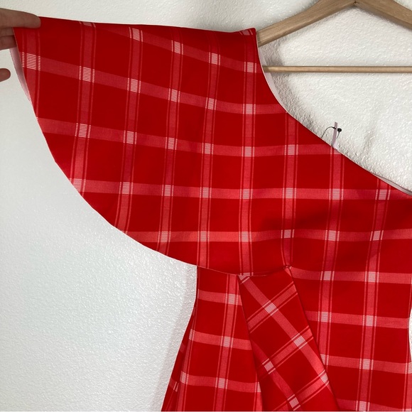 Asos peanut Girls One Shoulder Plaid Midi Dress Size 2 Red shawl Sleeve NWT - Picture 13 of 16